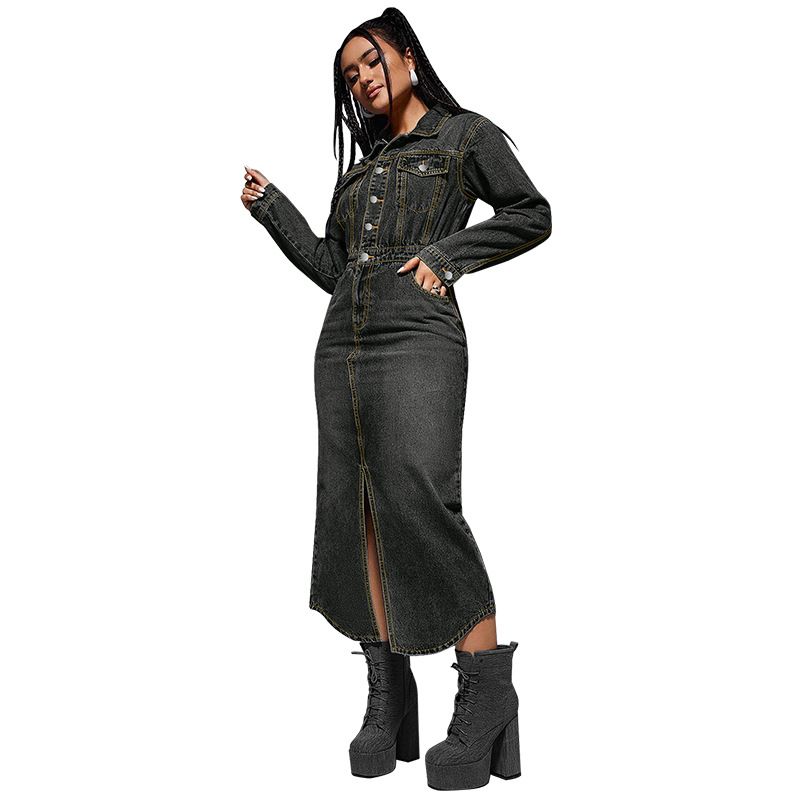 Damenbekleidung Reversknopf Langarm Schlitz Neues langes Denim-Kleid_voghion.com