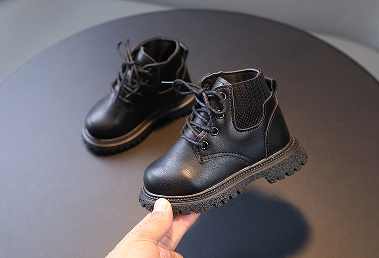 Kinderschoenen Effen enkellaarsjes voor jongens Mode Martens-laarzen met wollen bovenkant voor meisjes Laarzen met zachte zolen Leren laarzen met enkele laars_voghion.com