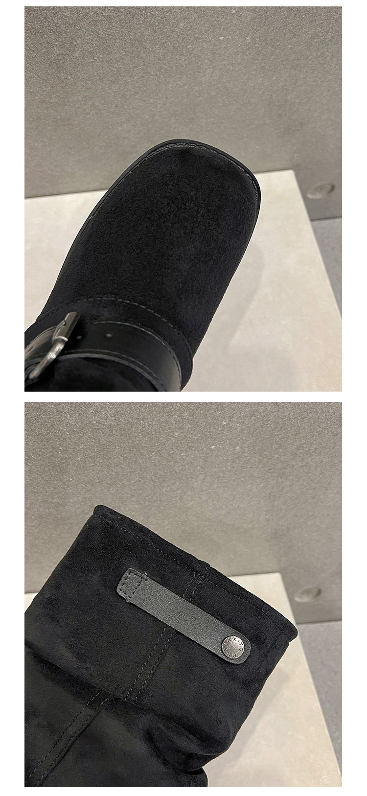 Gestapelte Damenstiefeletten aus schwarzem Wildleder bis zur Wadenmitte mit dicken Absätzen und dicken Sohlen._voghion.com