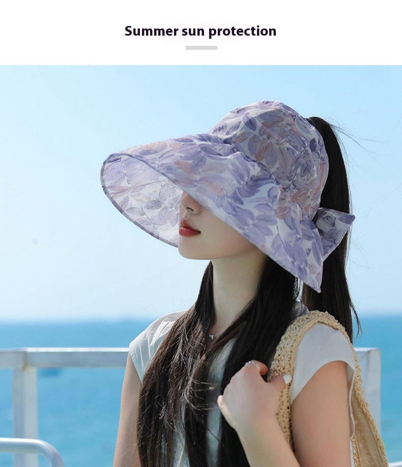 Sommer Ny Gudinde Elegant Blomsterstof Åben Top Hat til Kvinders Fritid UV-Beskyttende Solhat Koreansk Version Solhat_voghion.com