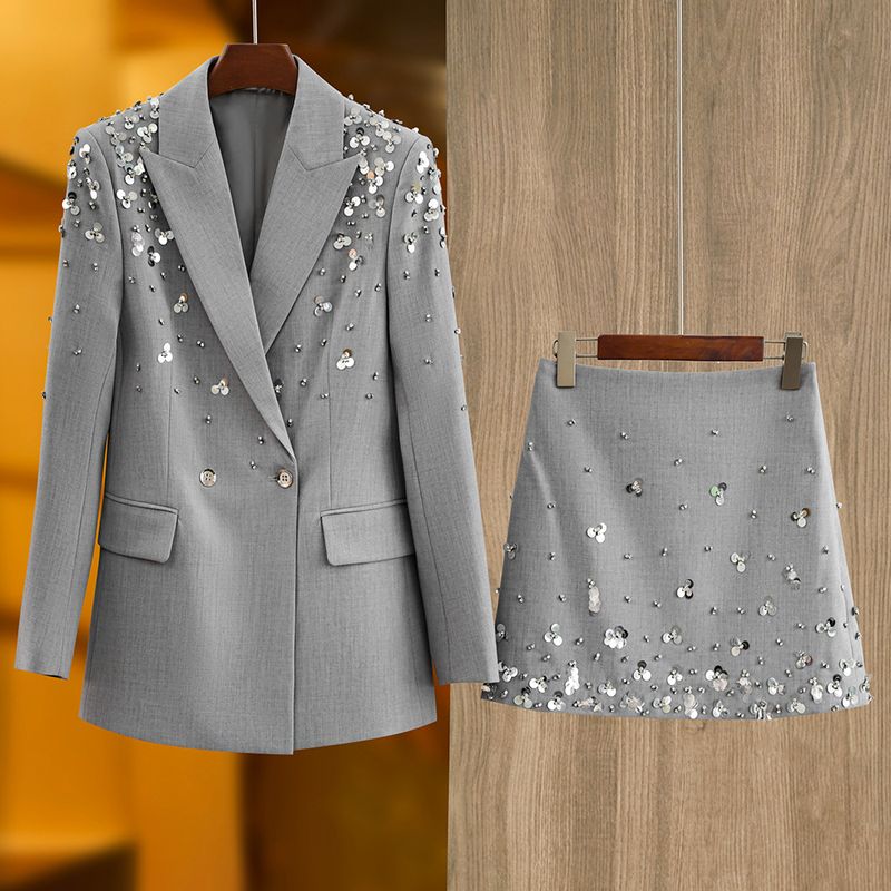 Conjunto chique de blazer e saia com strass – terno brilhante de duas peças para mulheres, do escritório à noite_voghion.com