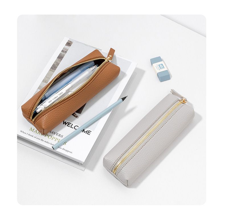 Estojo de couro simples para lápis, bolsa para armazenamento de canetas de escritório, caneta de assinatura, bolsa portátil com zíper à prova de vazamentos para artigos de papelaria_voghion.com