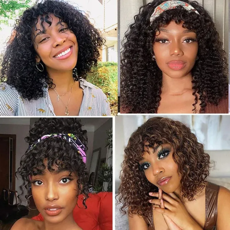 Jerry Curly Glueless Wig Short Pixie Bob Cut Human Hair Wigs With Bangs Highlight Honey Water Wave Blonde Colored Wigs_voghion.com