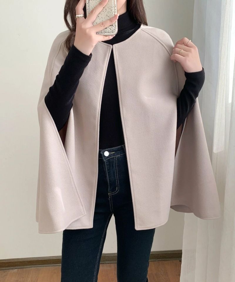 2024 Japonês Coreano cor lisa outono e inverno casaco, capa, xale de lã gola redonda externa, 4 cores femininas_voghion.com