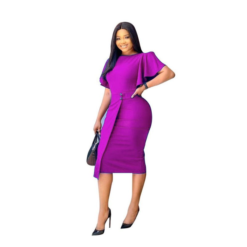 Dammekleid Plus Size Elastesche OL Pendler Temperament Ronn Hals Kuerzärmel Professionelle Bleistiftrock_voghion.com