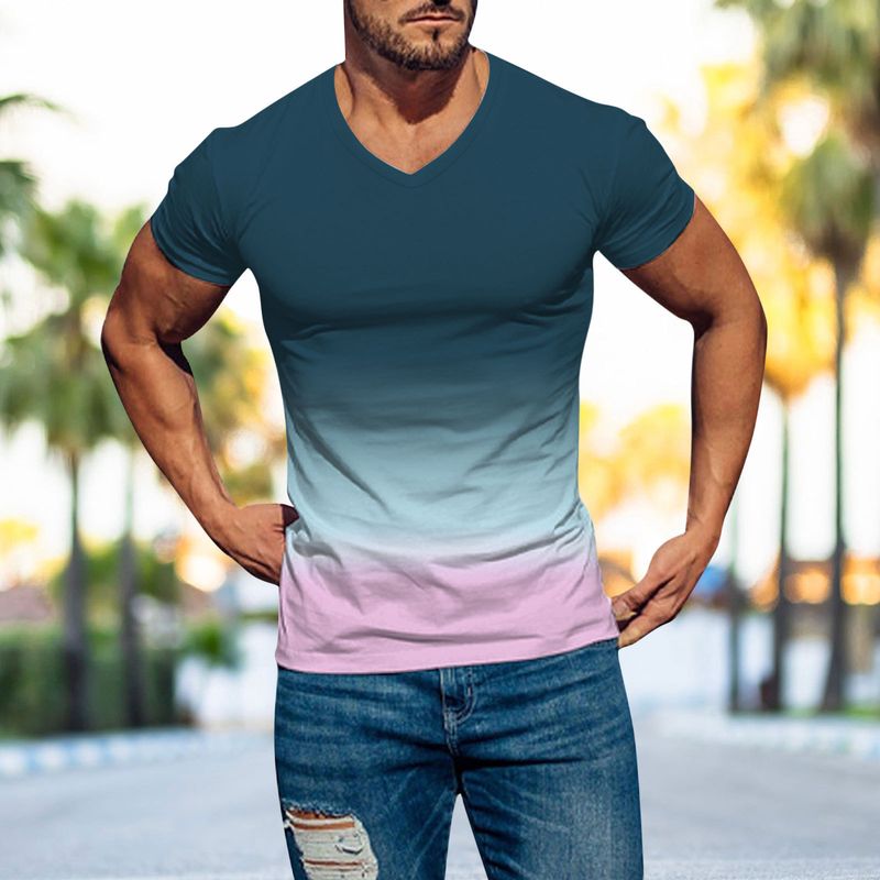Unbeatable Quality Summer Men's 3D Gradient Fashion Printed T-shirt Slim Fit V-neck Short Sleeved Top_voghion.com