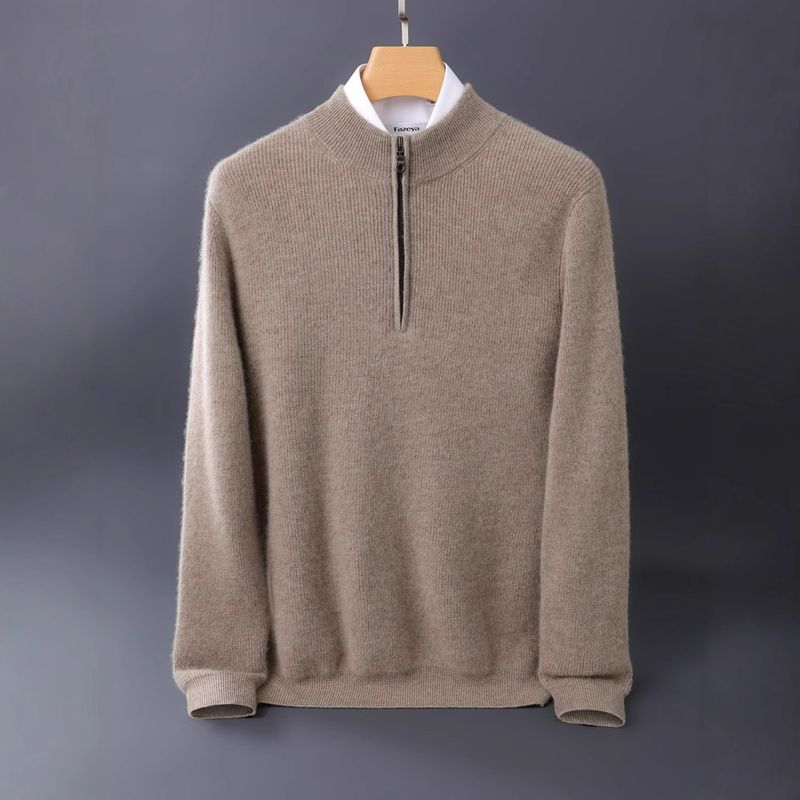 Thickened Cashmere Sweater Men's Cashmere Semi-turtleneck Zipper Sweater Youth Business Casual Top_voghion.com