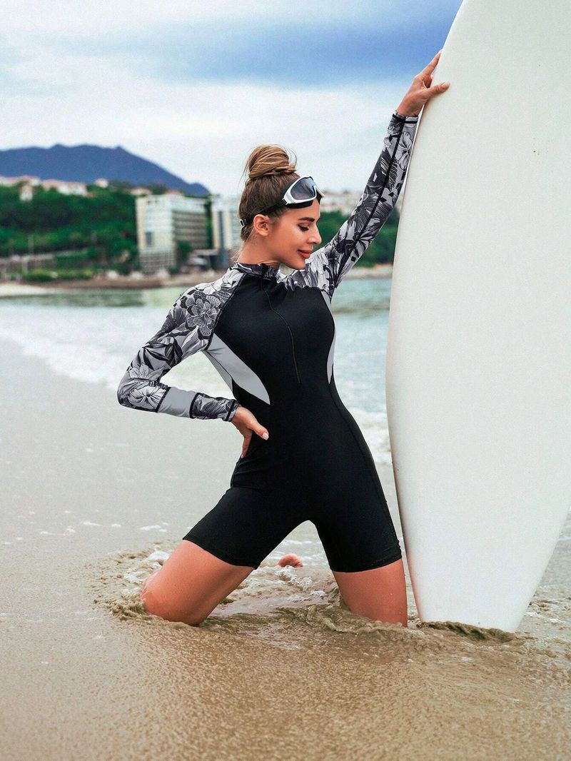 Traje de baño deportivo de competición, ajustado, con cremallera y manga larga, estampado, estilo europeo y americano, para mujer._voghion.com