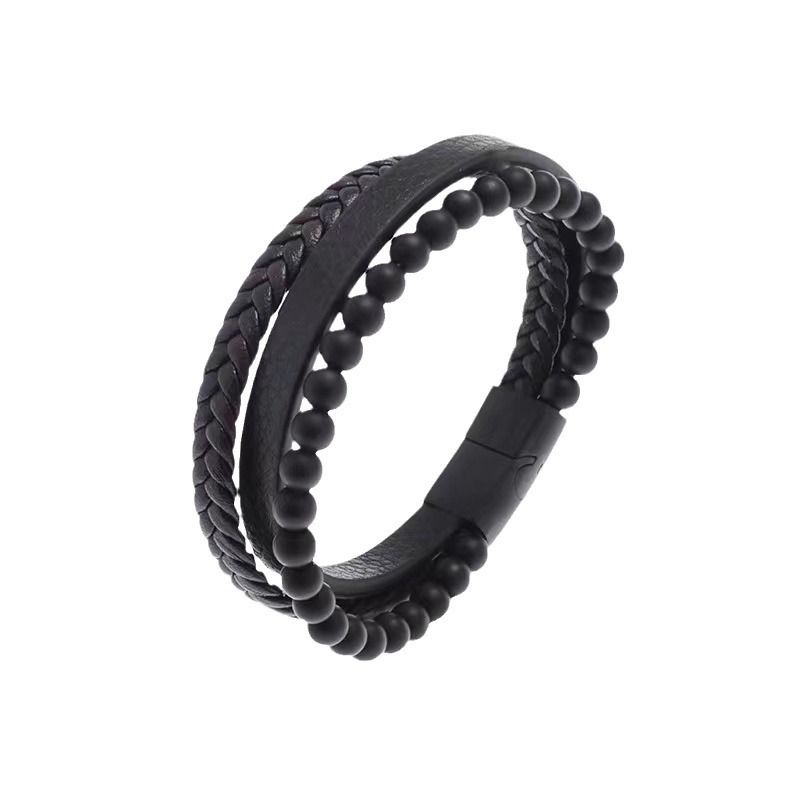Heißer Verkauf Natur Vulkanstein Mehrschichtiges Herren Leder Gewebtes Armband_voghion.com