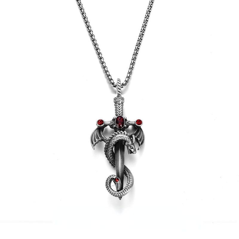 Hot sales Vintage Sier Color Dragon Sword Cross Pendant voor mannen Vrouwen Goth Punk Lange Ketting Hip Hop Sieraden_voghion.com