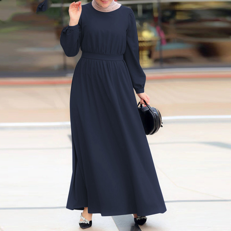 Damska długa sukienka z długim rękawem w jednolitym kolorze muzułmańska szata maxi Elegancka islamska odzież Szata kobieca turecka sukienka_voghion.com
