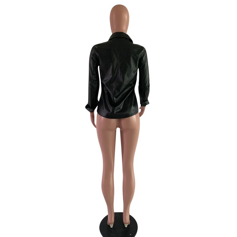 Maglietta a maniche lunghe in PU casual alla moda da donna_voghion.com