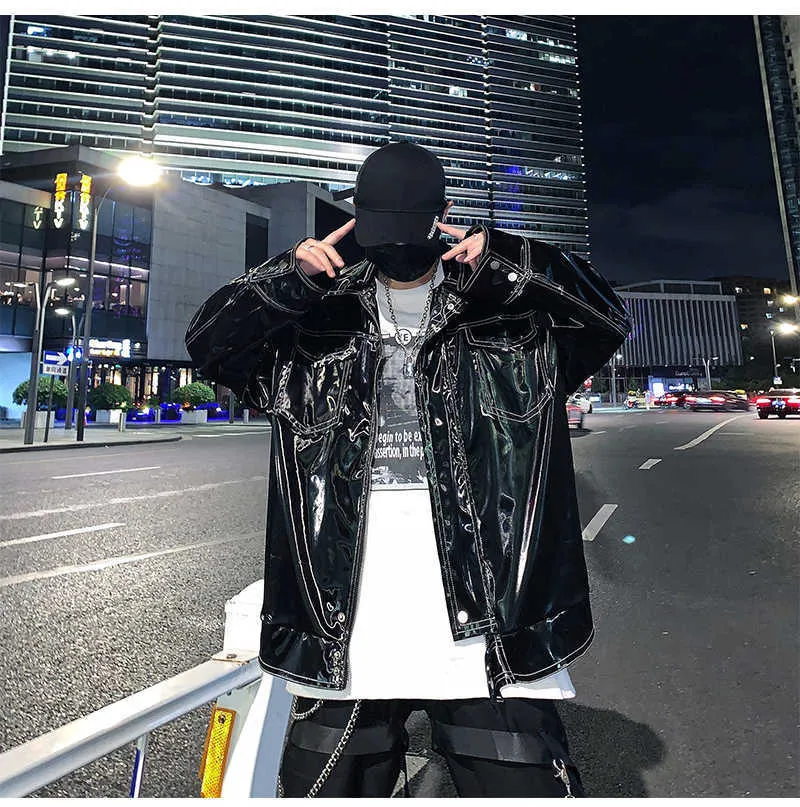 Giacca da uomo in finto Mauroicardi autunno oversize riflettente in vernice lucida con tasche a maniche lunghe 2022 gotico allentato_voghion.com