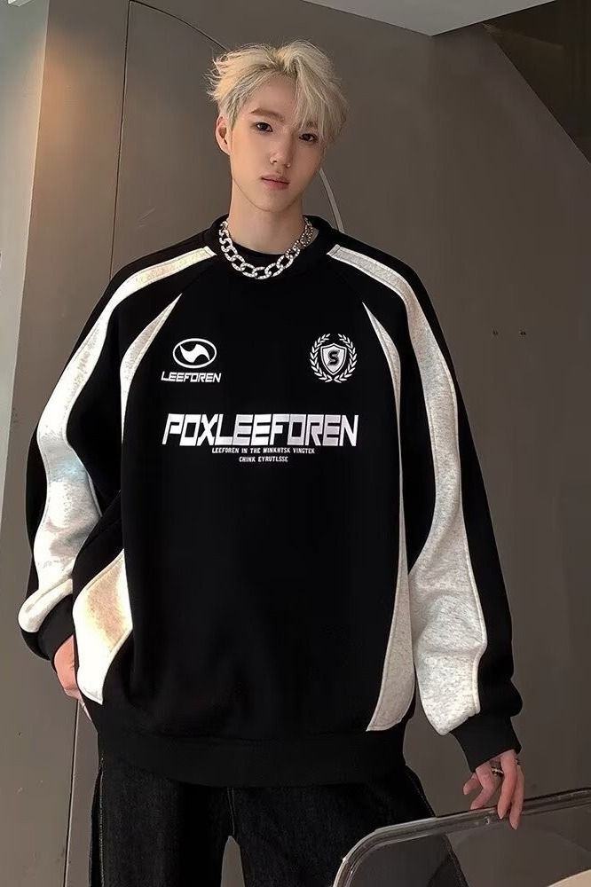 Raglanmouwen ronde hals sweatshirt High-end feel heren herfst trendy Amerikaanse high street jas patchwork kleurblok_voghion.com