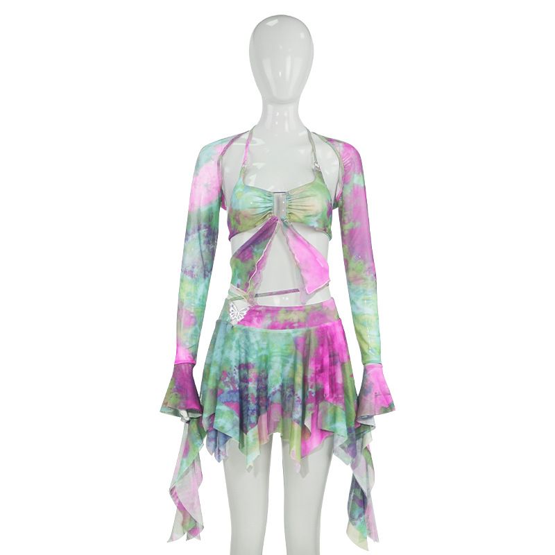 W092ST Hot Girl 2025 Spring New Fashion Long Sleeve Colorful Print Tie-Up Crop Top Short Women's Set_voghion.com