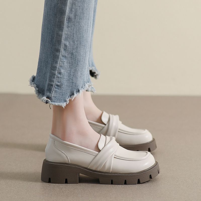 Platform Loafers Women's One-pedal Black Retro Small Leather Shoes College Style Soft-soled Single Shoes_voghion.com