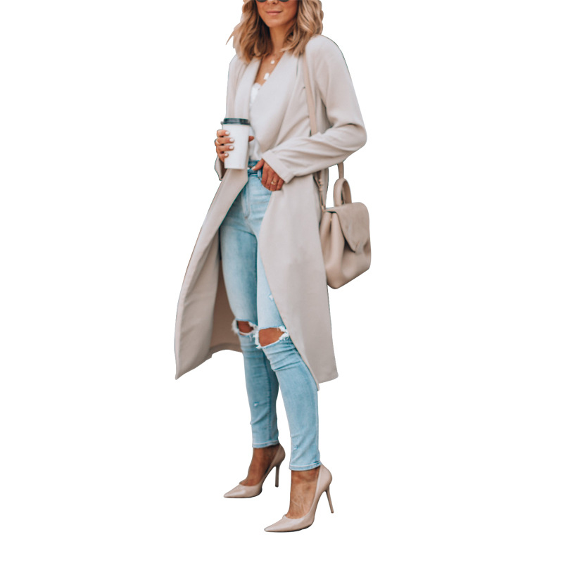 Abbigliamento da donna giacca a vento casual lunga autunno e inverno con risvolto tinta unita_voghion.com