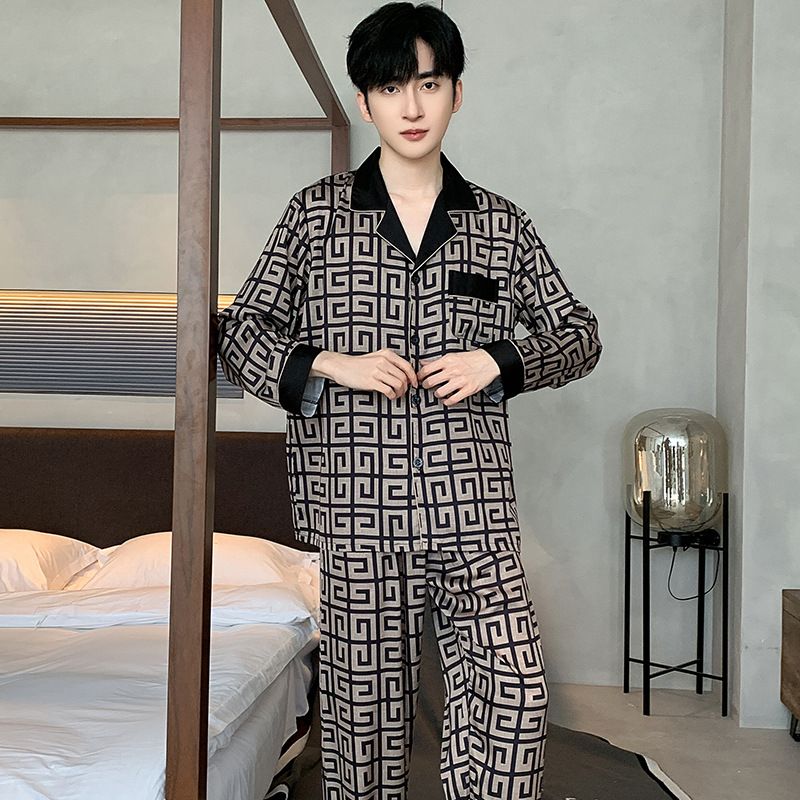 High End Pajamas For Men In Summer And Autumn, Thin Long Sleeved Pants, Cool Ice Silk Satin Material, Large-sized Casual Suit Set--XL_voghion.com