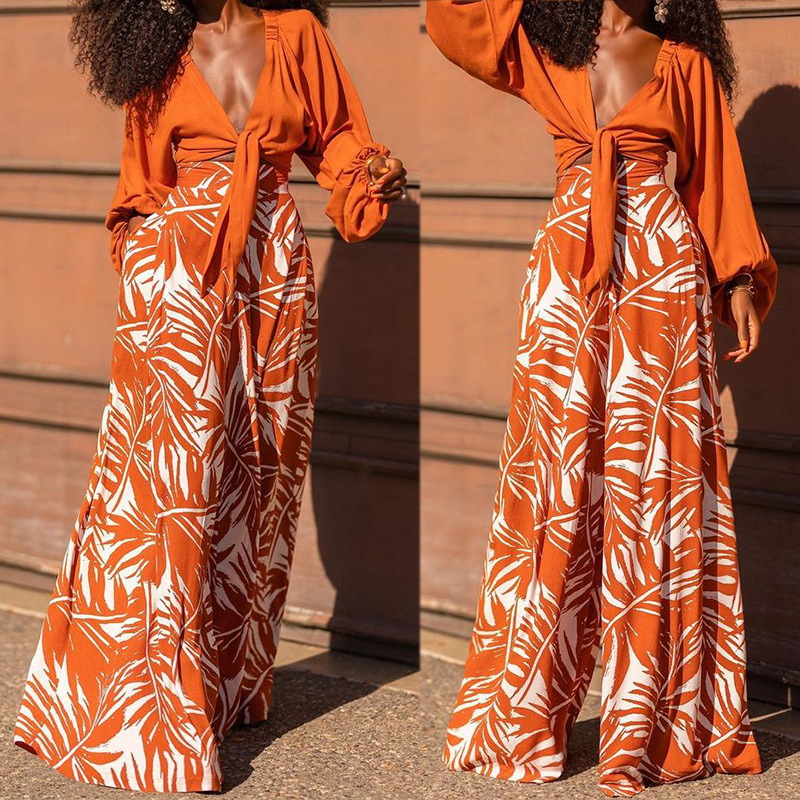 new women's fashionable temperament printed pants V-neck top long-sleeved two-piece set_voghion.com
