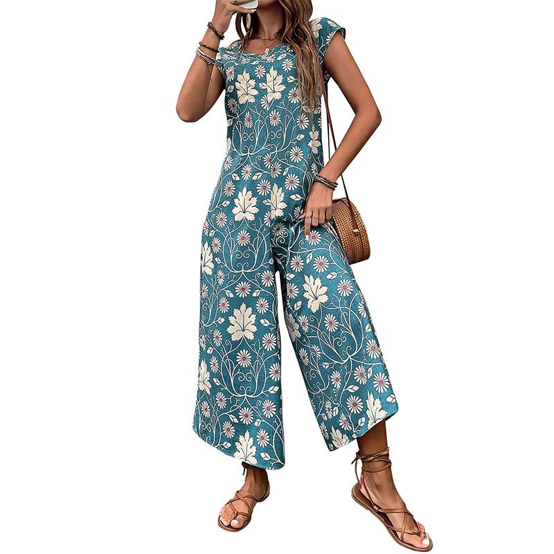 2025 New Summer European And American Casual Cross-Border Retro Floral Print Loose Jumpsuit Long Pants_voghion.com