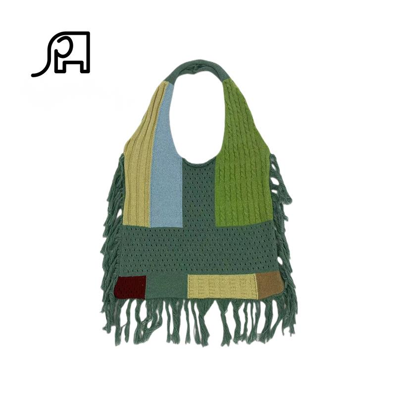 2024 New Tassel Women's Splicing Knitted Handheld Shoulder Bag Hot Selling Simple Retro Knitted Bag Versatile Big Bag_voghion.com