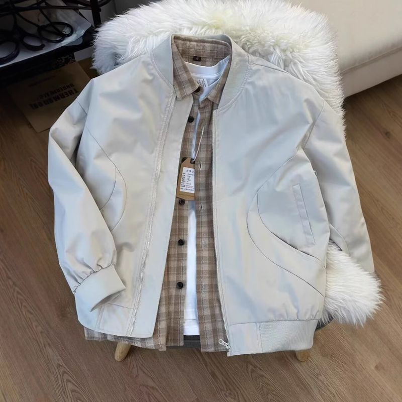 New high street top, loose and high-end jacket, men's high-end light colored stand up collar baseball jacket, flight suit jacket_voghion.com