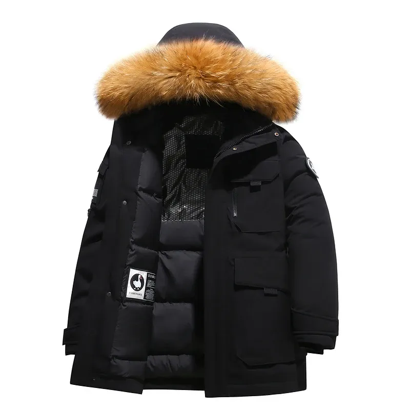 Giacca da sci Maxbarley da uomo, invernale, bianca, con cappuccio e collo in pelliccia, parka di lusso, spessa e calda, con ricamo, in piuma d'anatra al 90%_voghion.com