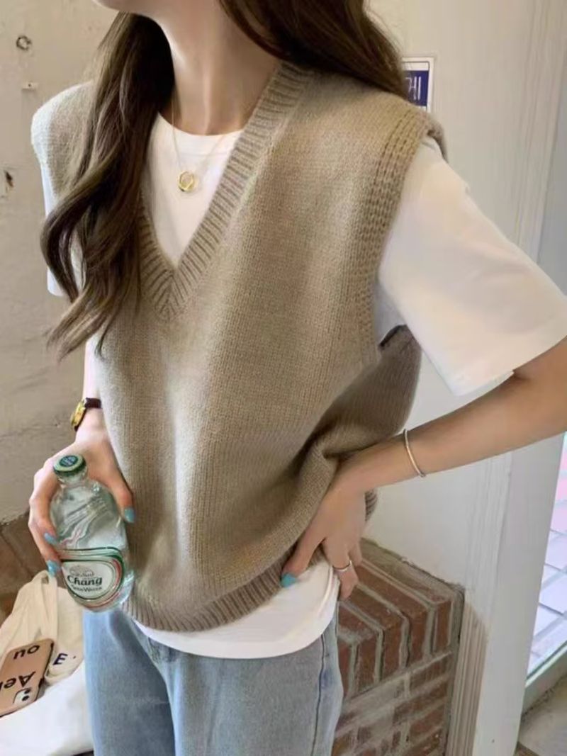 Jesień Zima 2025 Nowy damski sweter z dekoltem w serek, luźny, warstwowy, uniwersalny dzianinowy bezrękawnik_voghion.com