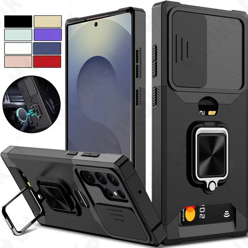 Case For Samsung S25 S24 S23 FE S22 S21 Ultra Note 20 Plus A56 A55 A35 5G FE Slide Camera Card Holder Magnetic Kickstand Cover_voghion.com
