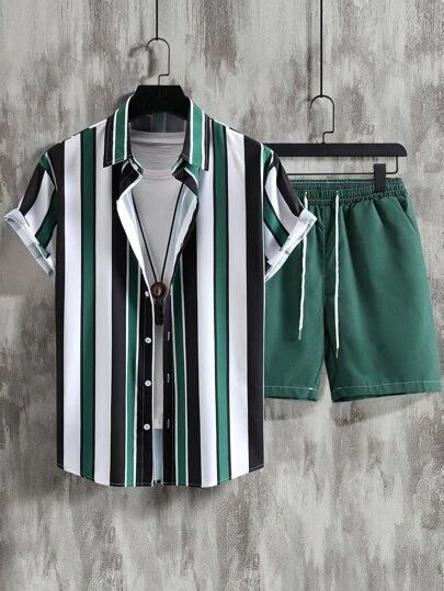 Set da 2 pezzi di camicia e pantaloncini estivi con stampa 3D a righe e colori a contrasto da uomo_voghion.com
