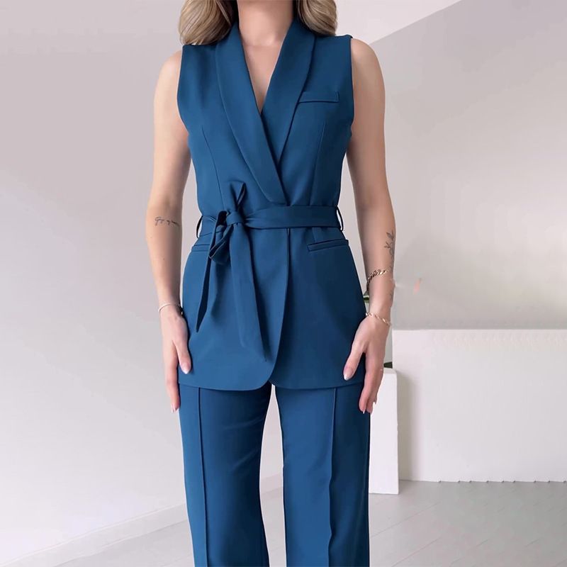 Conjunto de terno feminino de verão sem mangas, decote em V, colete com cintura alta, calças retas, roupa de rua da moda para uso casual e de escritório_voghion.com