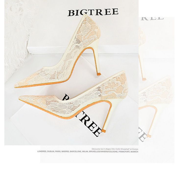 Banquet women's shoes slim high heels shallow mouth pointed stilettos high heels mesh hollow lace high heels single shoes_voghion.com