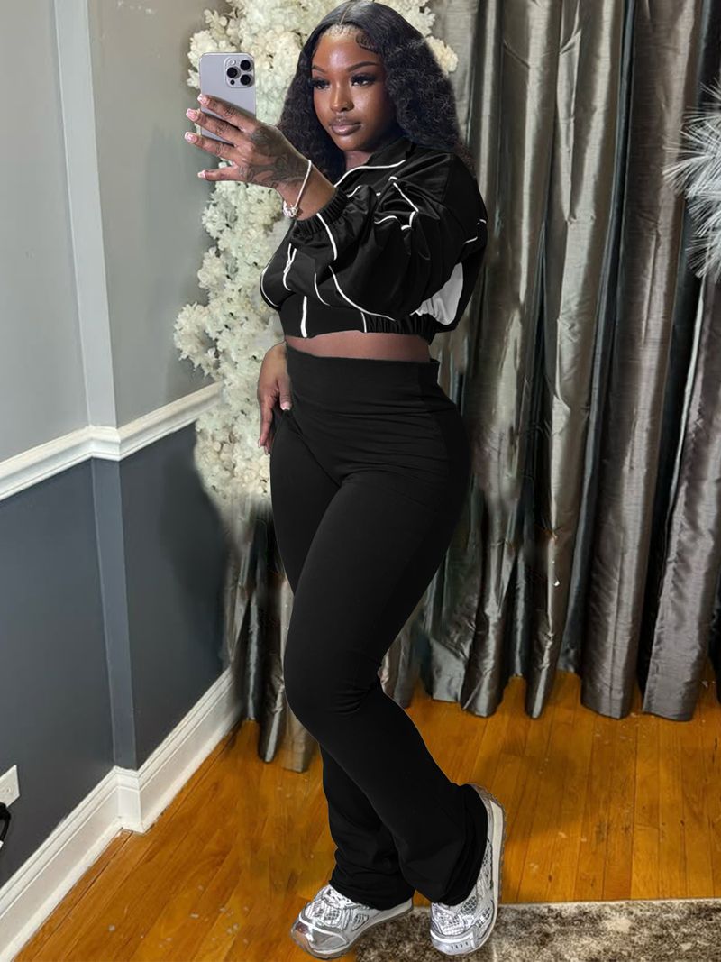 Women's Stylish Two-Tone Contrast Stitching Zip-Front Flared Pants Set – Trendy Office & Casual Outfit_voghion.com