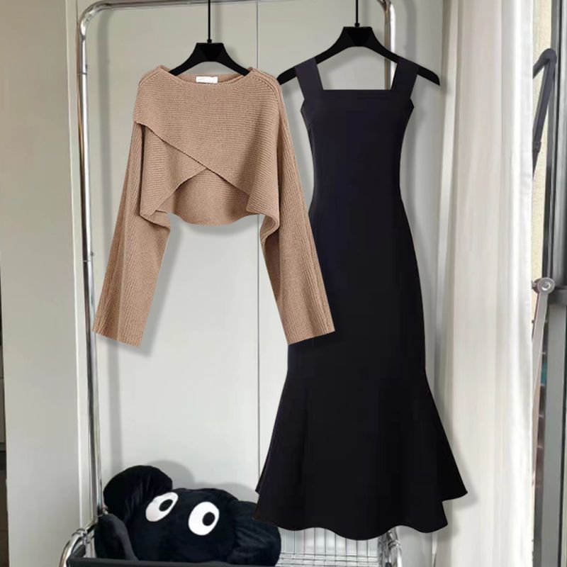 Elegantes 2-teiliges Set aus Strickpullover und Maxikleid mit Schlitz, schmeichelhaftes Plus-Size-Outfit, dehnbare Tunika und Bleistiftrock fürs Büro und Abendessen_voghion.com