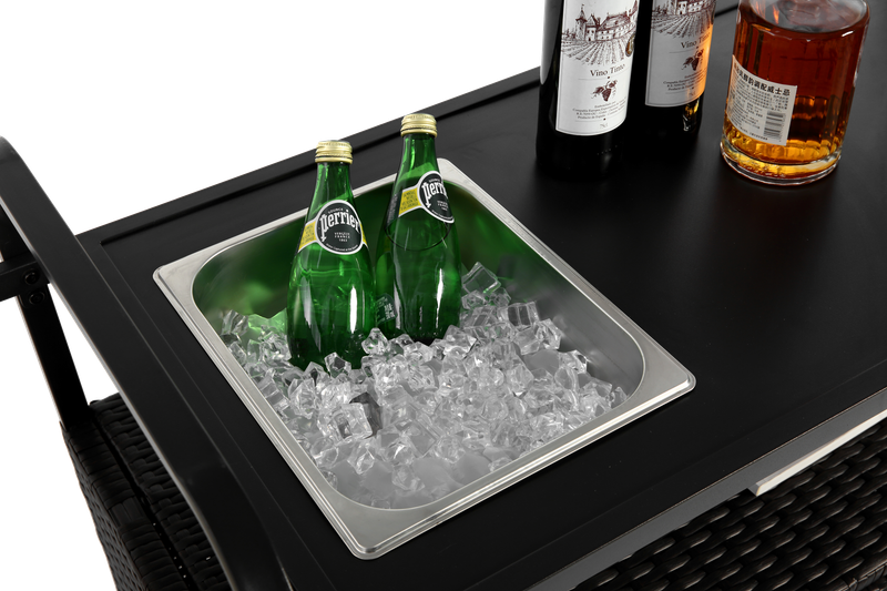 Table de bar d'extérieur avec meuble en osier, desserte de terrasse avec plateau en acier, seau à glace, roulettes verrouillables, panier latéral, pour jardin, piscine et arrière-cour, noir_voghion.com
