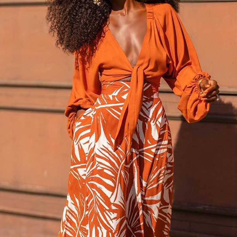 new women's fashionable temperament printed pants V-neck top long-sleeved two-piece set_voghion.com