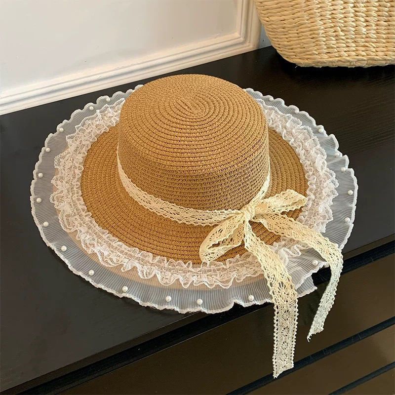 Beach Sun Hat Summer Hat Lace Straw Hat Seaside Shade French Sunscreen Straw Sun Hat Brim_voghion.com