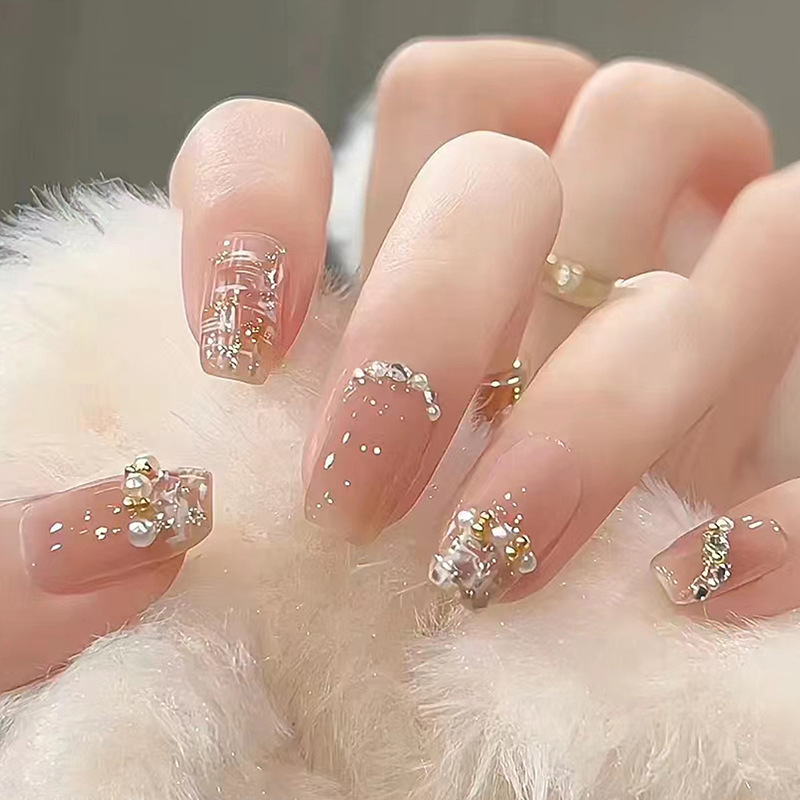 Lange Ballerina 24 Stück künstliche Nägel, vollständig bedeckende Nagelspitzen, gelbe französische Kunstnägel mit Aurora-Strasssteinen, zum Aufdrücken_voghion.com