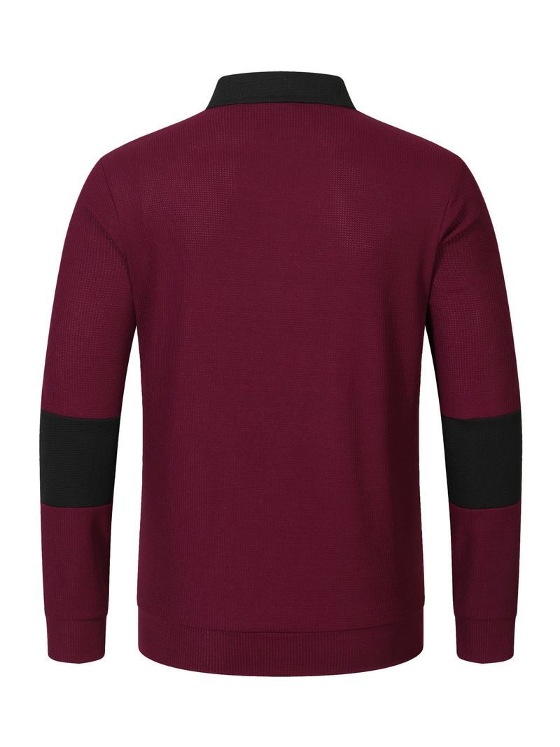 Herren-Poloshirt mit Waffelstrick und Kontrastfarbe, langärmelig – Locker geschnittenes, lässiges Hemd mit Button-Down-Kragen für den Herbst_voghion.com