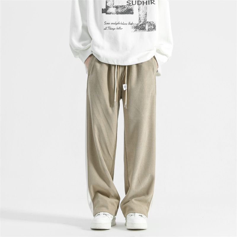 LKTM # Side Striped Corduroy Casual Men's American Loose Trendy Brand Elastic Waist Drawstring Straight Leg Pants 4A9_voghion.com