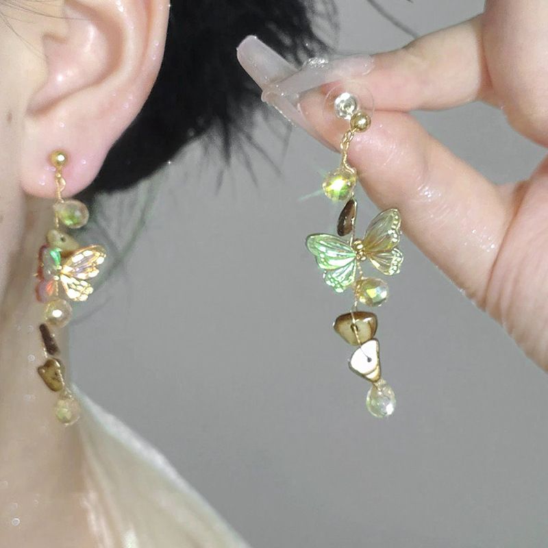 Silver Needle Crystal Water Drop Butterfly Shell Tassel Forest Style Fresh Light Luxury High-end Earrings_voghion.com