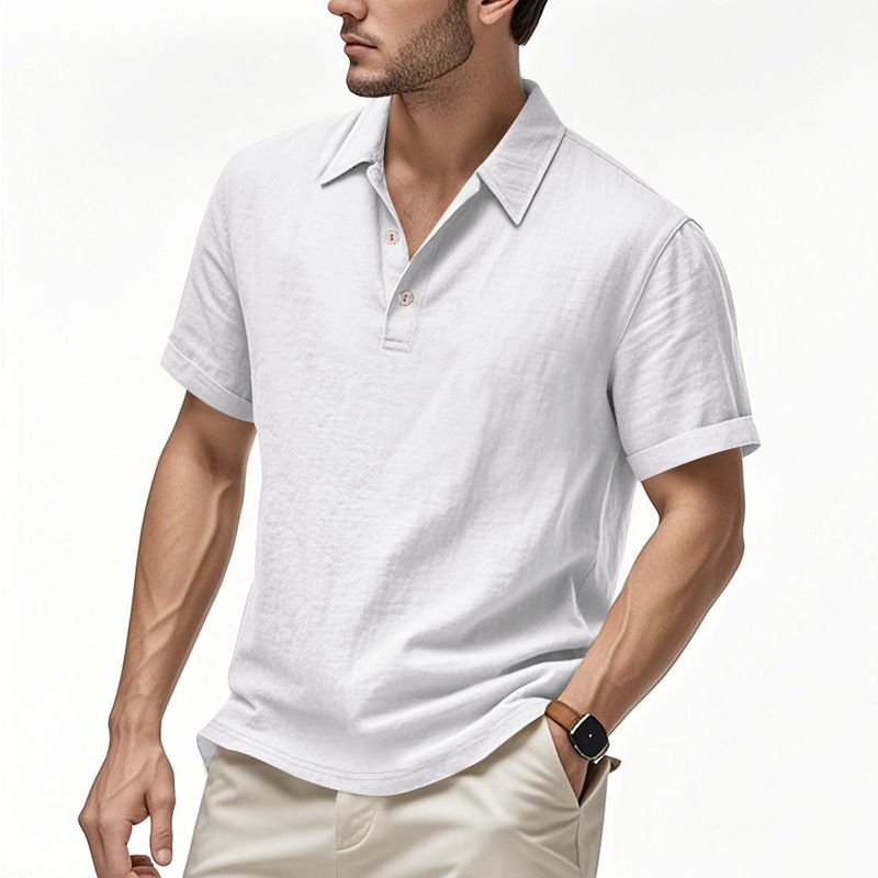 2025 Sommer Herren British Style Casual Button Loose Leinen Turn-Down-Kragen Polo Kurzarmhemd für Männer_voghion.com