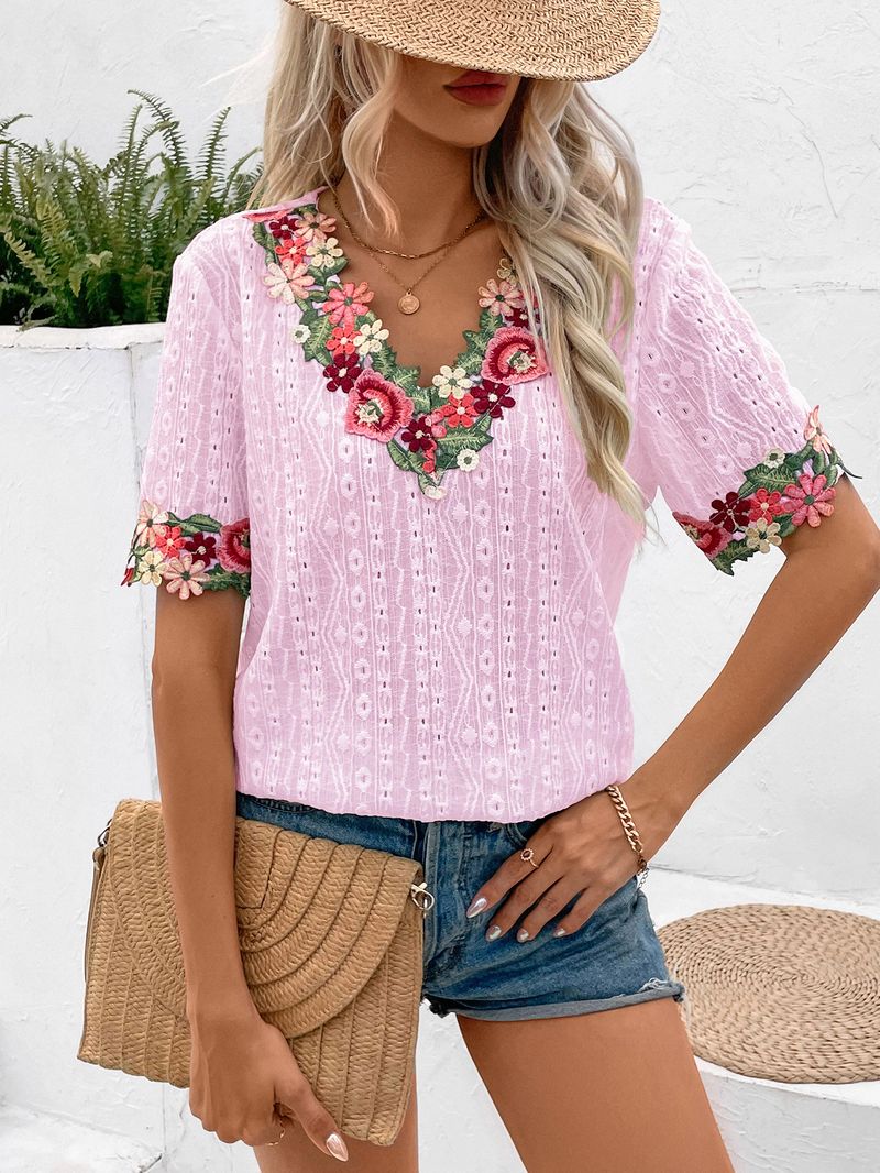 T-shirt top a maniche corte in pizzo con scollo a V profondo sexy per abbigliamento da donna _voghion.com