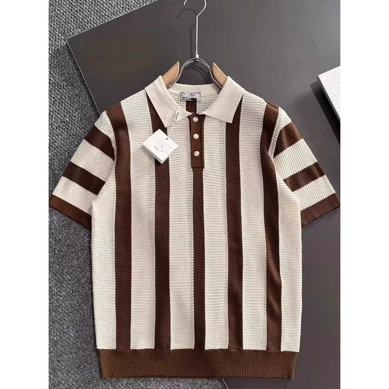 Maglietta a maniche corte a righe in maglia con risvolto a contrasto di colore, traspirante, alla moda e coordinabile._voghion.com