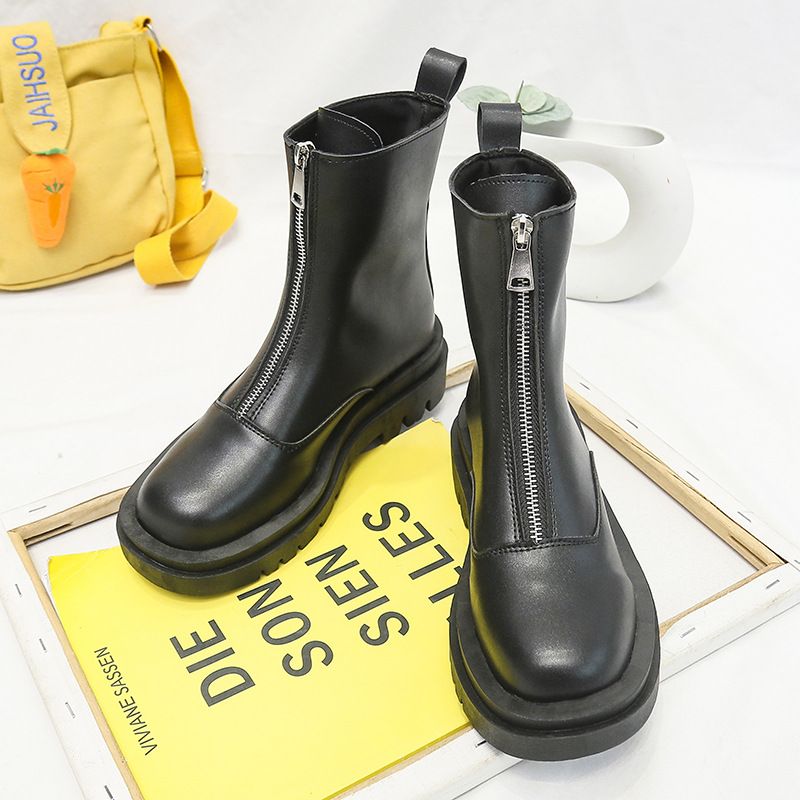 Große Martin-Stiefel mit dicker Sohle und kurzem Bein für Damen, neues Modell 2024, Reißverschluss vorne, runde Zehenpartie, niedriger Absatz, Frühling und Herbst_voghion.com