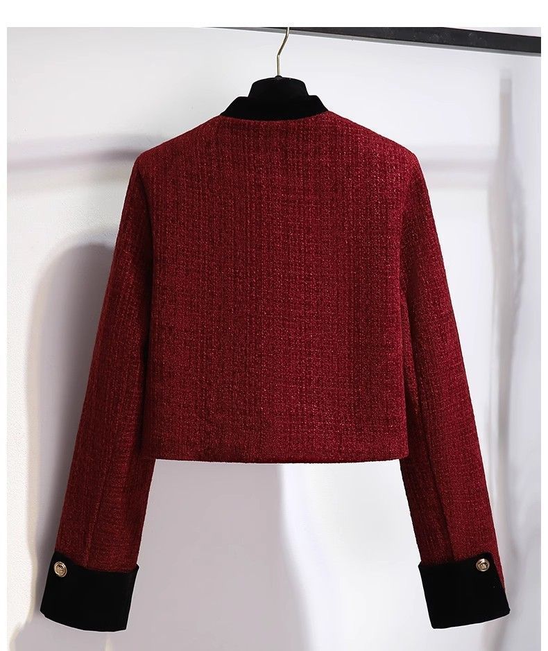 Plus Size Elegant Red Tweed Jacket & Pleated Skirt Set - Spring Outfit For Petite Women_voghion.com
