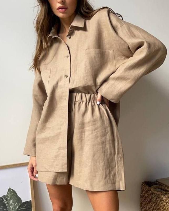 Abbigliamento donna camicia in cotone e lino ampia tinta unita camicia a maniche lunghe pantaloncini tuta_voghion.com