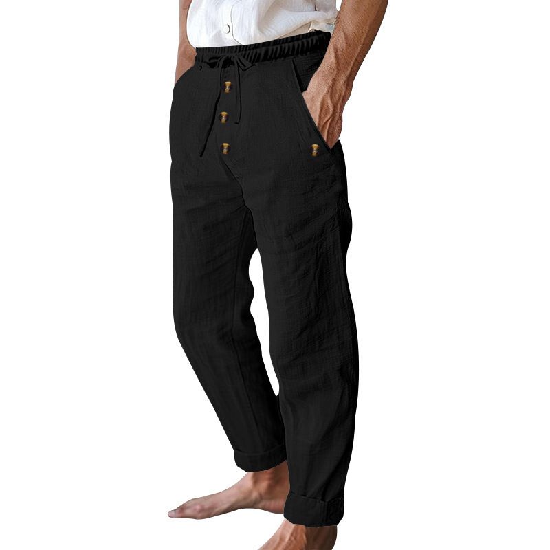 Pantaloni da spiaggia primaverili e autunnali da uomo, in cotone e lino, tinta unita, larghi, con coulisse e bottoni, casual, da uomo_voghion.com