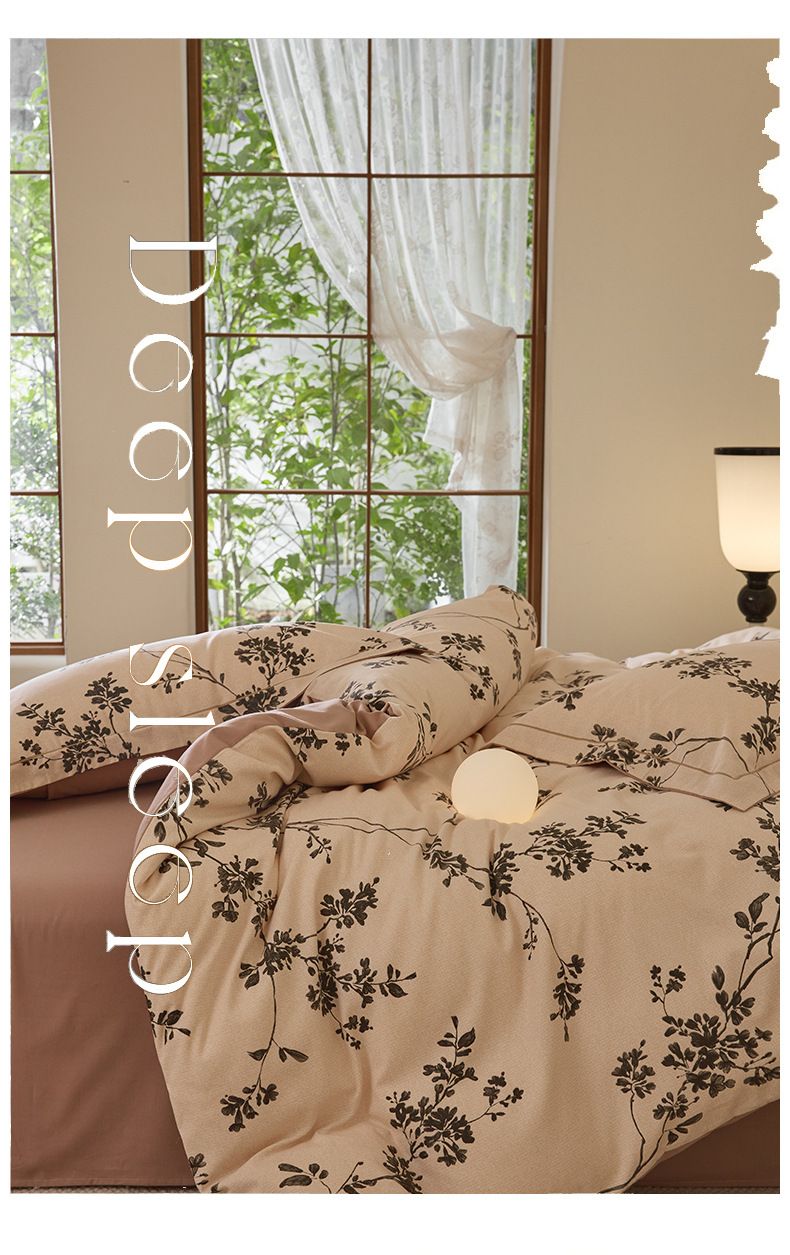 Cotton brushed simple style printed four piece set skin friendly naked sleeping bedding retro pure cotton floral bed sheet set_voghion.com