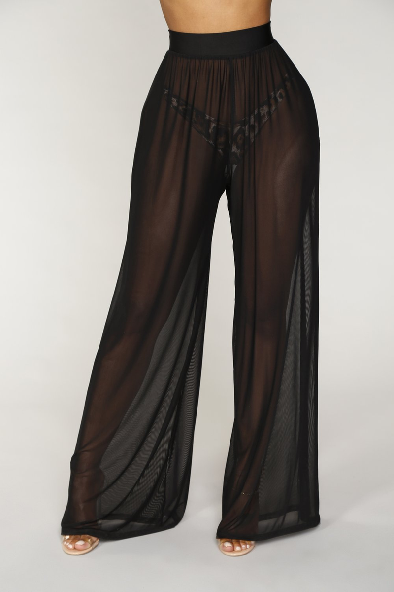 Pantaloni da donna a gamba larga trasparenti sexy in rete di colore puro_voghion.com
